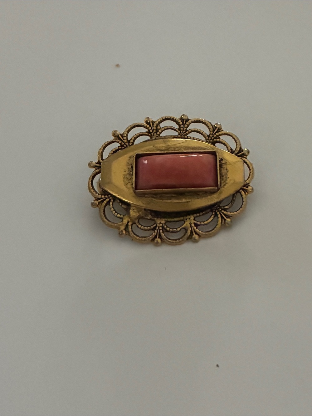 vintage Gold-Tone Filigree Brooch with Coral Pink Stone